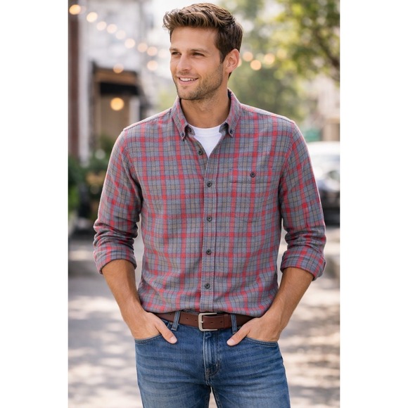 J. Crew Factory Other - J.Crew Mens Plaid Button Down Shirt Red‎ Gray Long Sleeve Pocket Preppy M